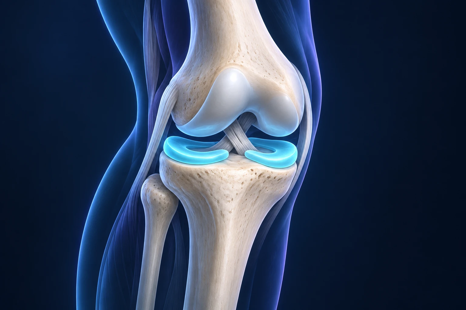 Illustration simplifiée du genou montrant les ménisques en bleu entre le fémur et le tibia.