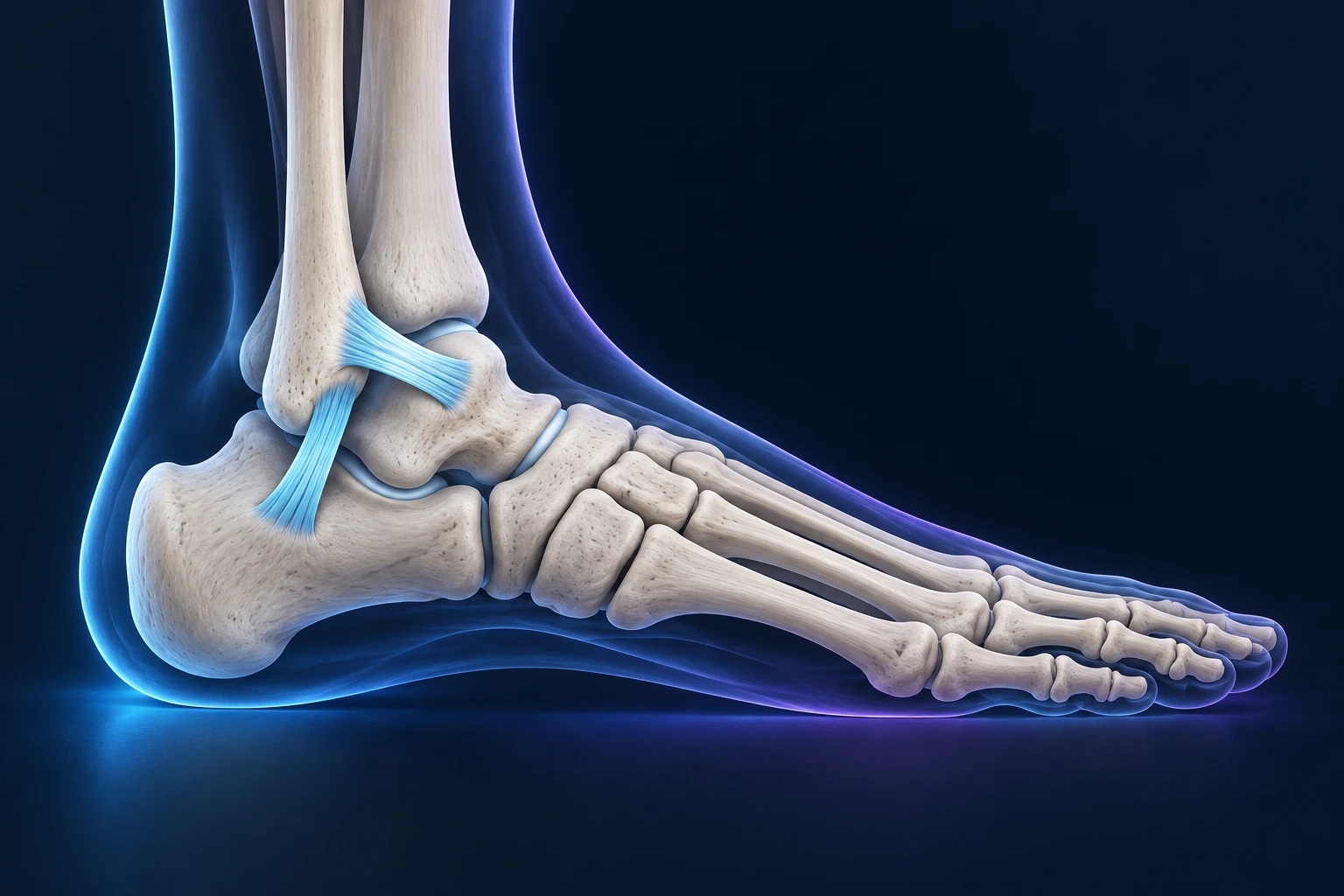 Illustration de profil du pied et de la cheville avec mise en évidence schématique des ligaments externes.