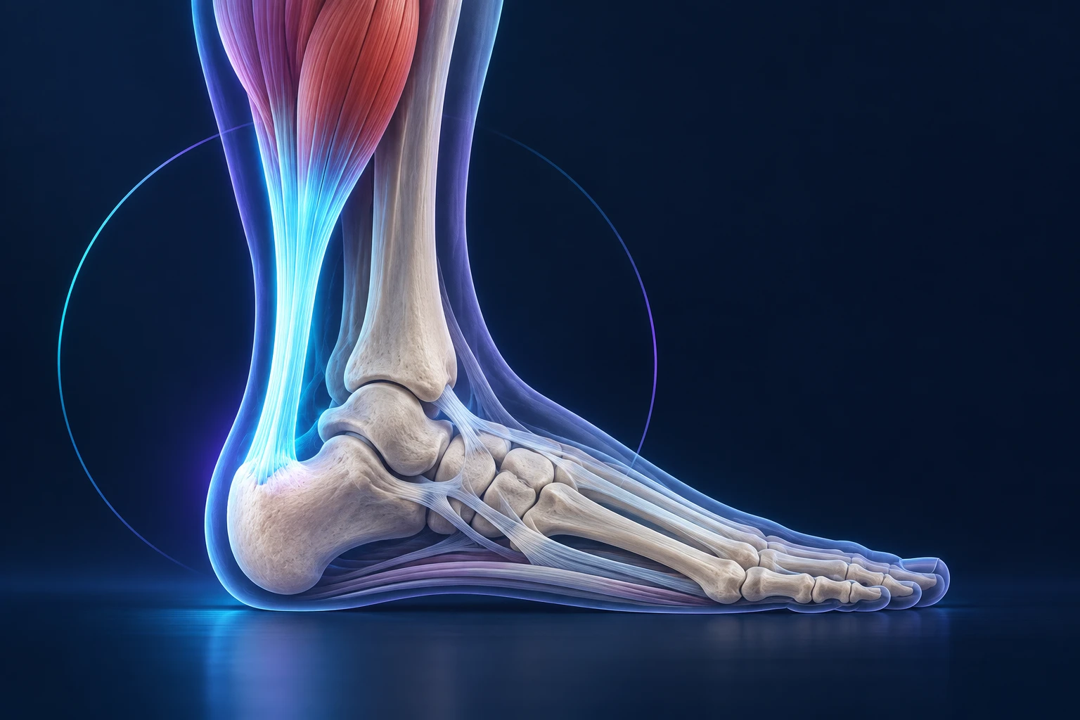 Illustration de profil du tendon d’Achille, mis en lumière entre les muscles du mollet et le talon.
