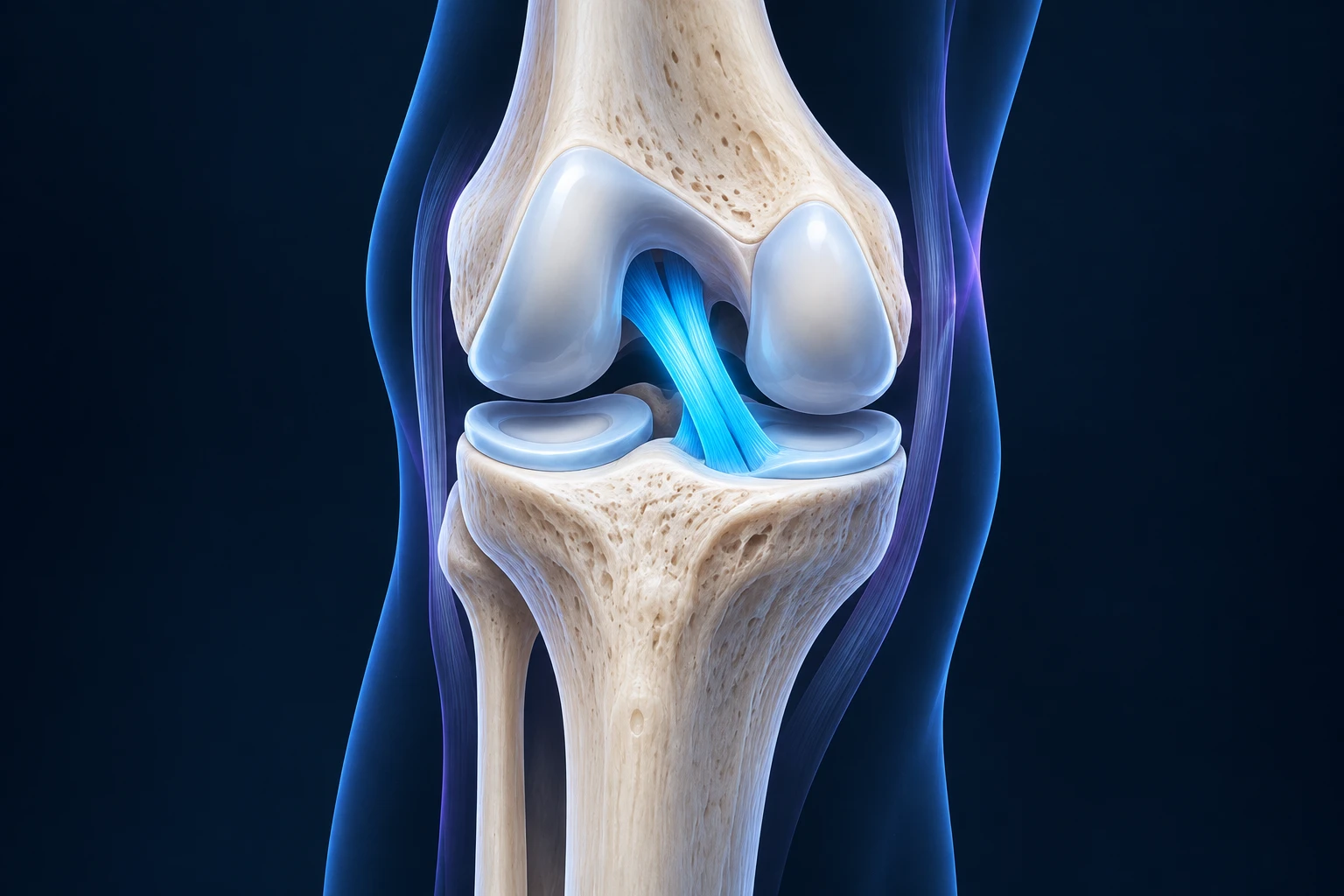 Illustration simplifiée du genou montrant le ligament croisé antérieur en bleu au centre de l’articulation.