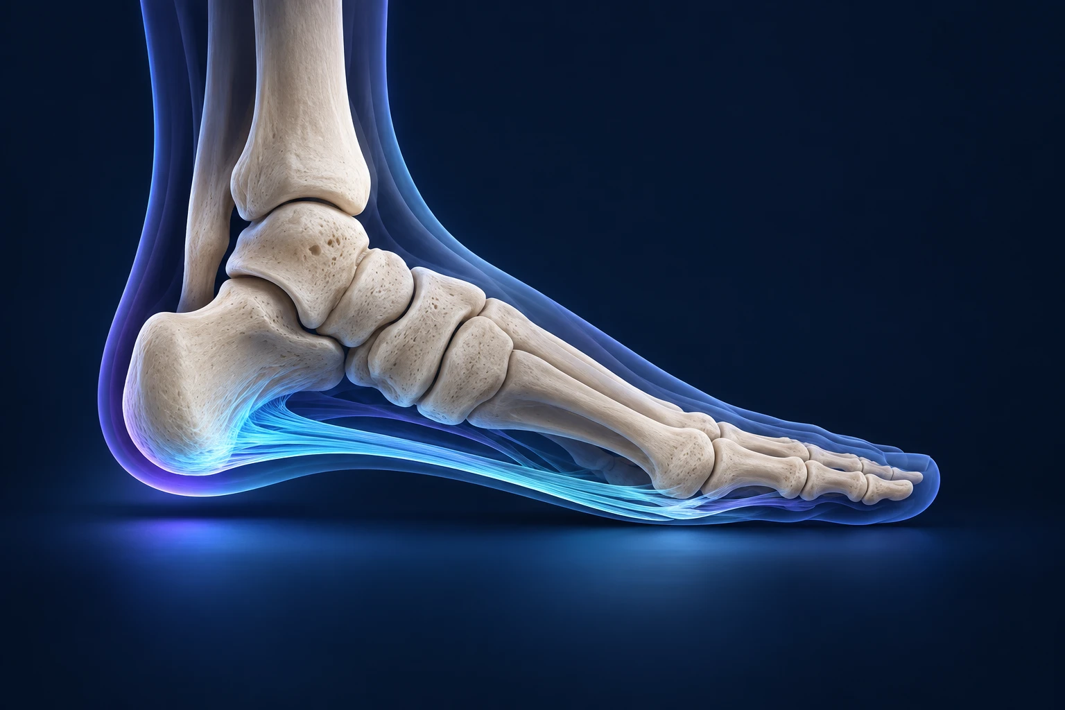 Vue de profil du pied montrant l’aponévrose plantaire en cyan sous la voûte et près du talon.