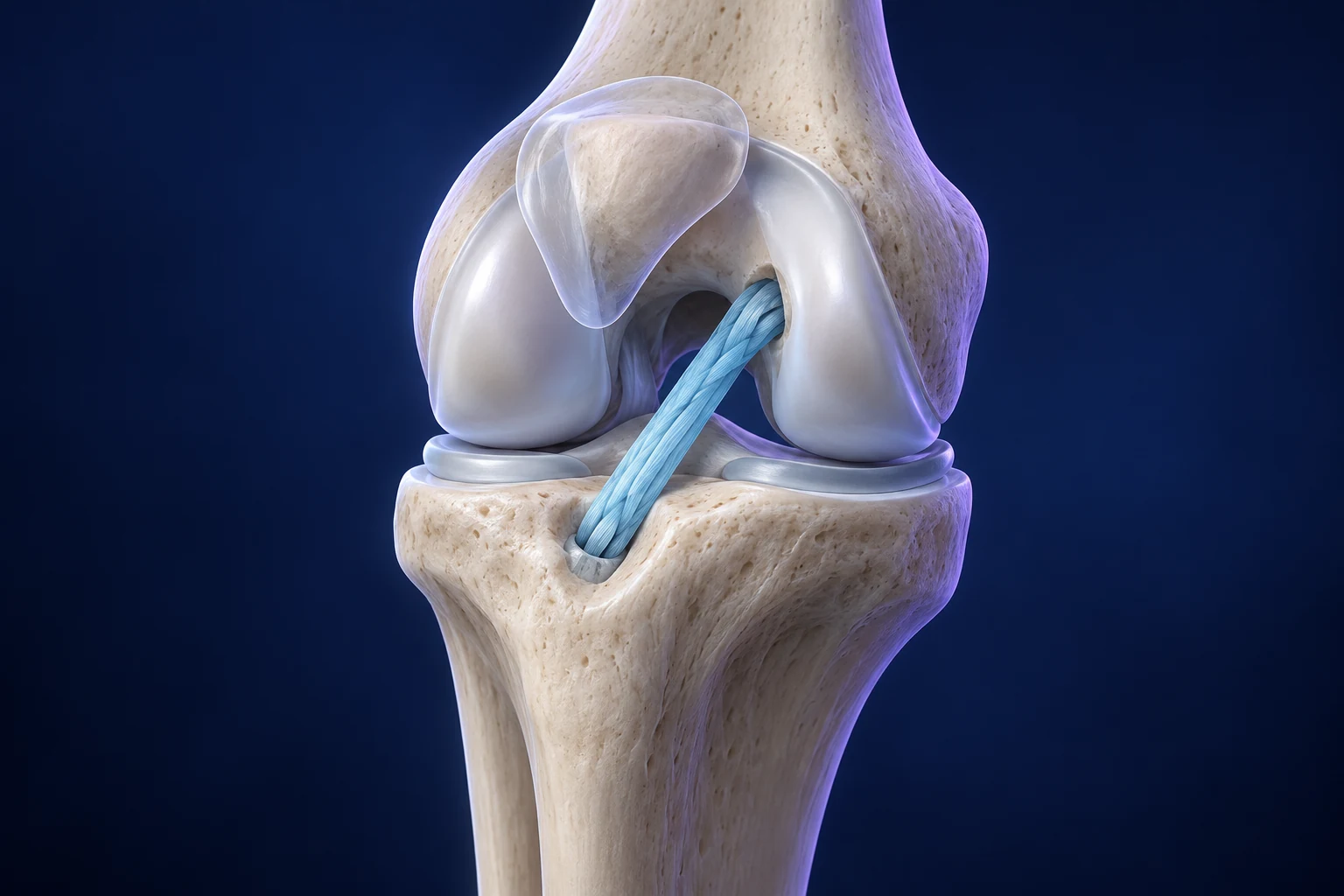 Illustration simplifiée d’un genou montrant un greffon tendineux en bleu à la place du ligament croisé antérieur.