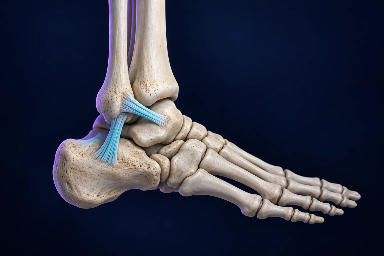 Illustration simplifiée des os du pied et de la cheville, avec deux attaches ligamentaires externes mises en évidence en bleu.