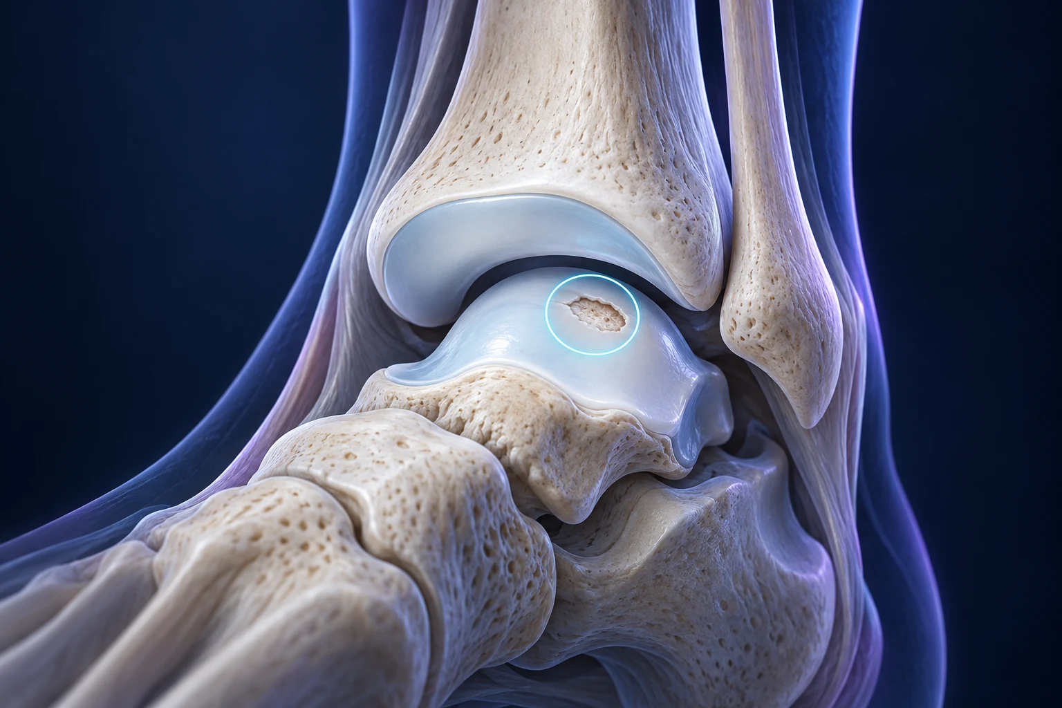 Vue simplifiée de la cheville montrant une petite lésion du cartilage au sommet du talus.