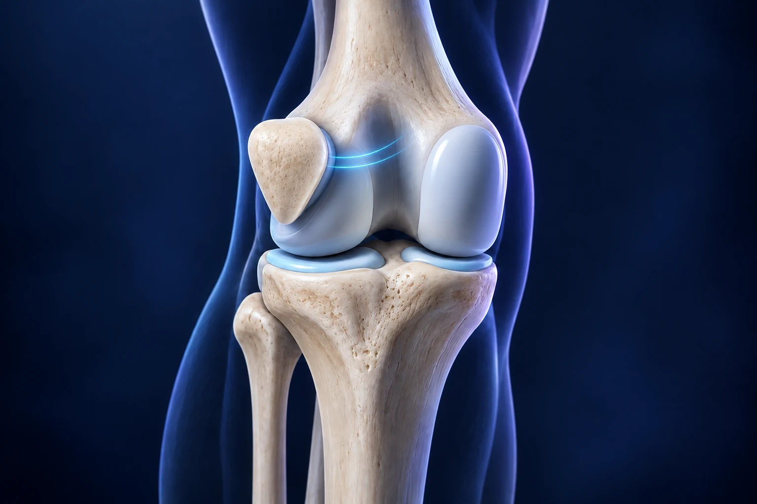 Genou représenté de face, avec une rotule déplacée vers le côté externe, du même côté que la fibula.