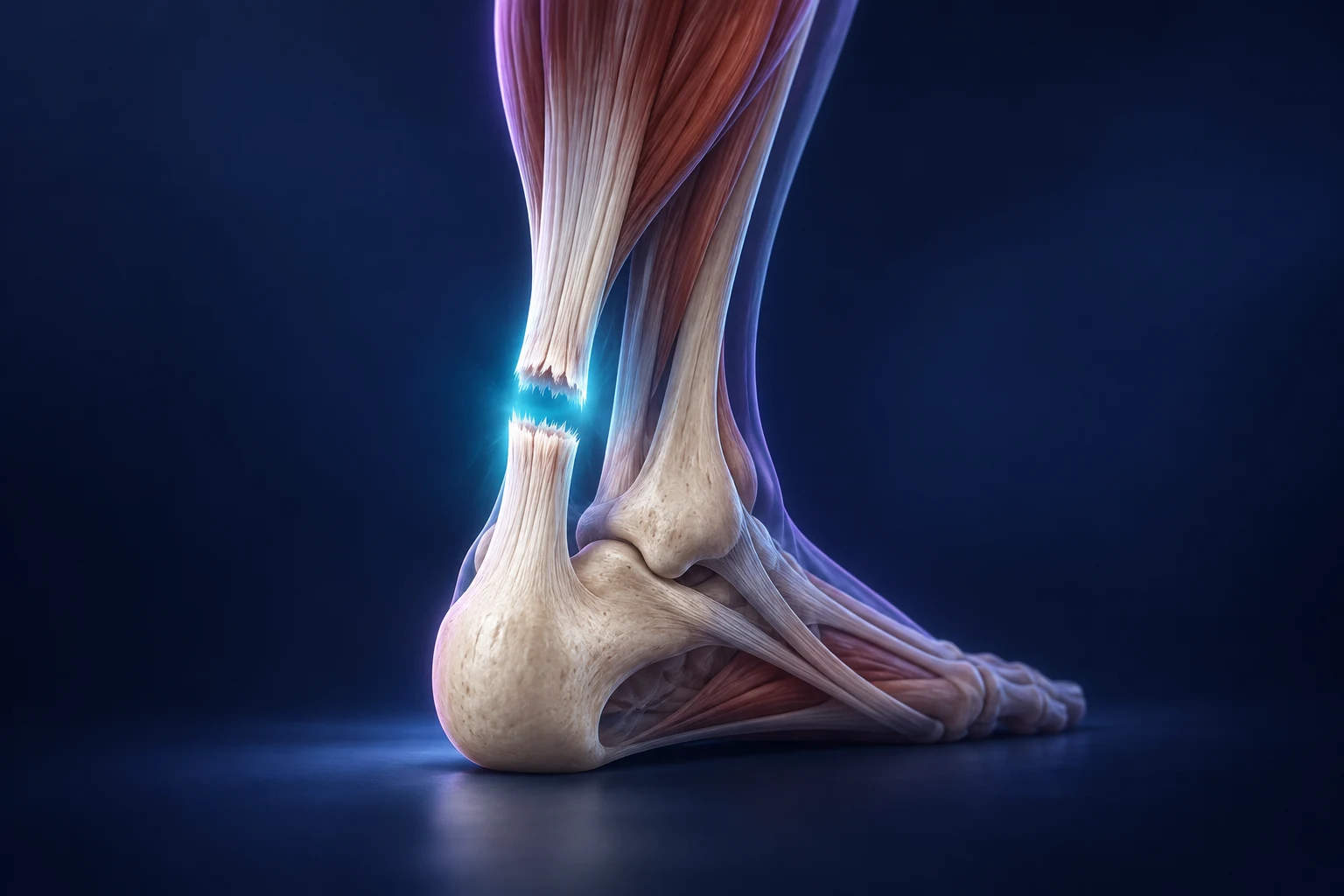 Vue simplifiée du tendon d’Achille montrant une interruption de sa continuité au-dessus du talon.