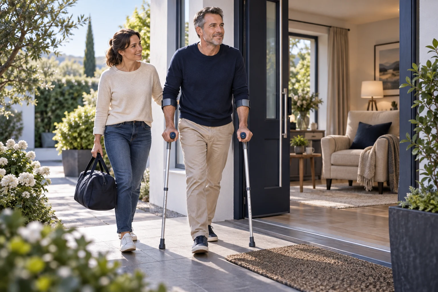Scène fictive montrant un patient avec deux cannes anglaises et une accompagnante devant son domicile.